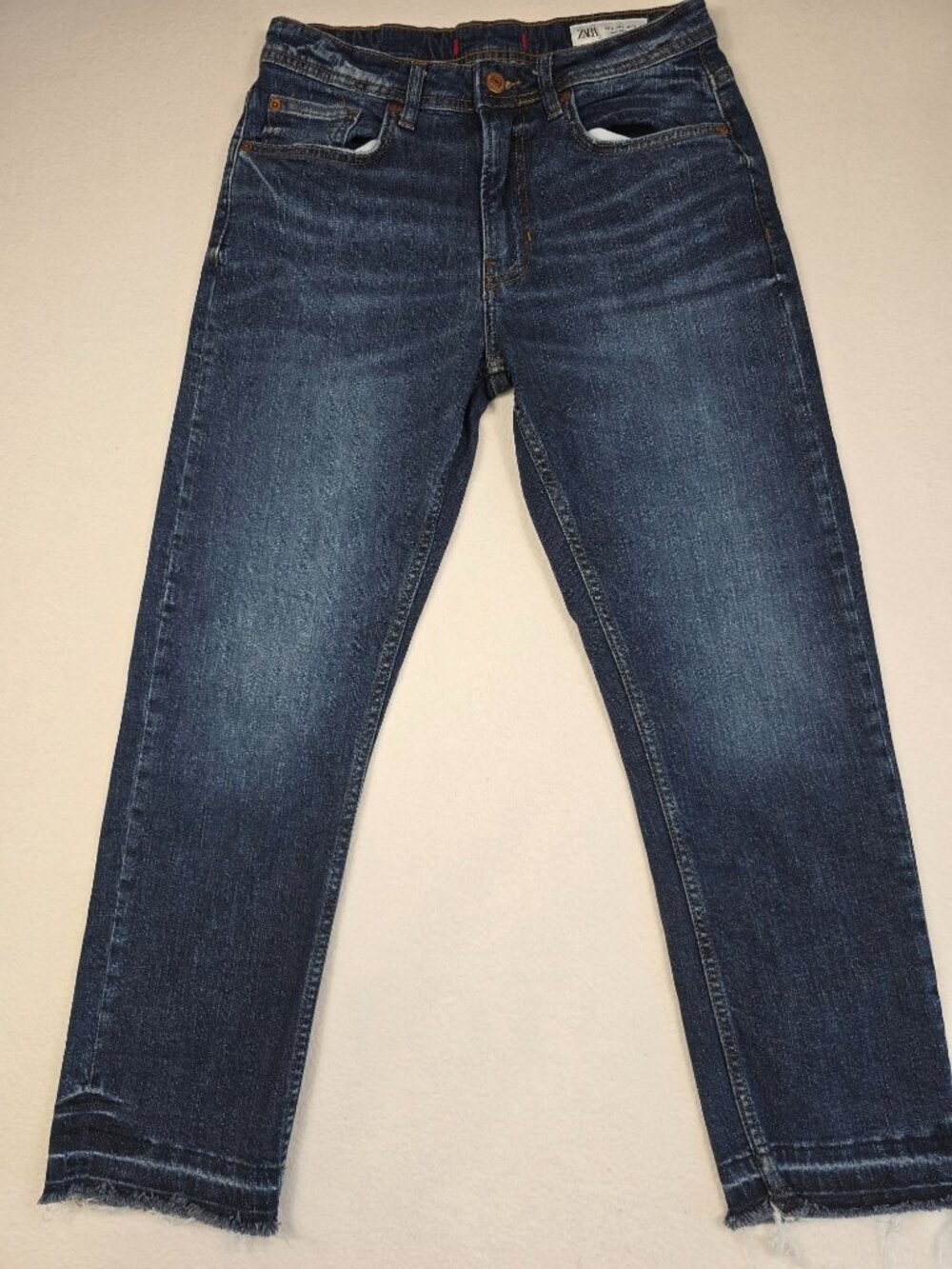 Zara Womens 4 Mid-Rise Straight Leg Blue Denim Jeans Raw Hem